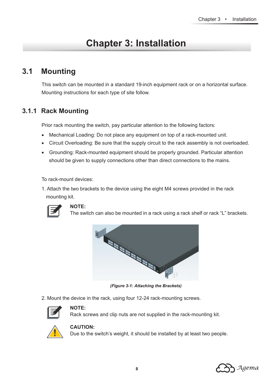 Chapter 3: installation, 1 mounting, 1 rack mounting | Agema AG8032 User Manual | Page 11 / 20