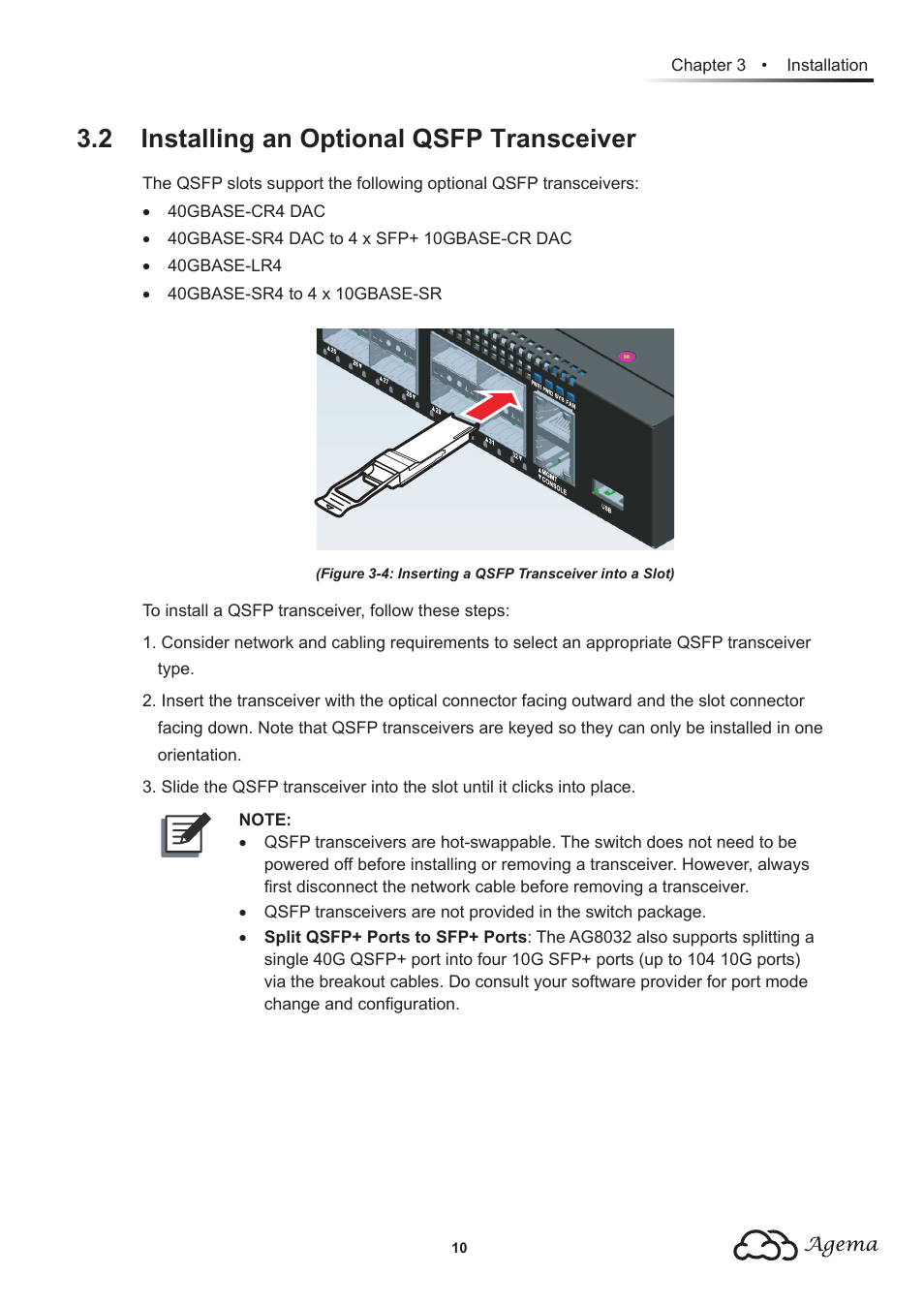 2 installing an optional qsfp transceiver | Agema AG8032 User Manual | Page 13 / 20