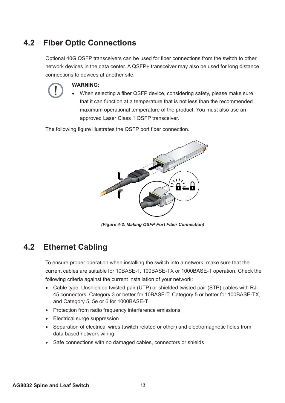 2 fiber optic connections, 2 ethernet cabling, 2 fiber optic connections 4.2 ethernet cabling | Agema AG8032 User Manual | Page 16 / 20