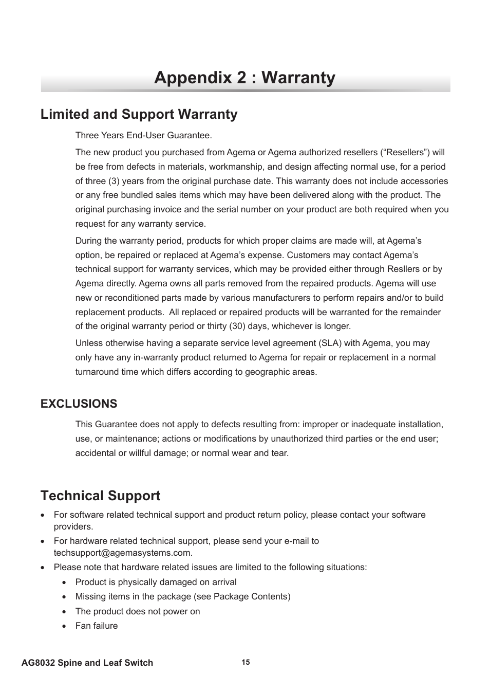 Appendix 2 : warranty, Limited and support warranty, Technical support | Limited and support warranty technical support, Exclusions | Agema AG8032 User Manual | Page 18 / 20