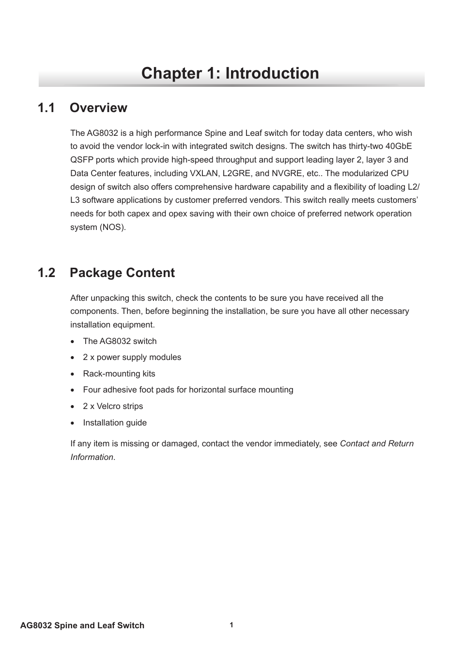 Chapter 1: introduction, 1 overview, 2 package content | 1 overview 1.2 package content | Agema AG8032 User Manual | Page 4 / 20
