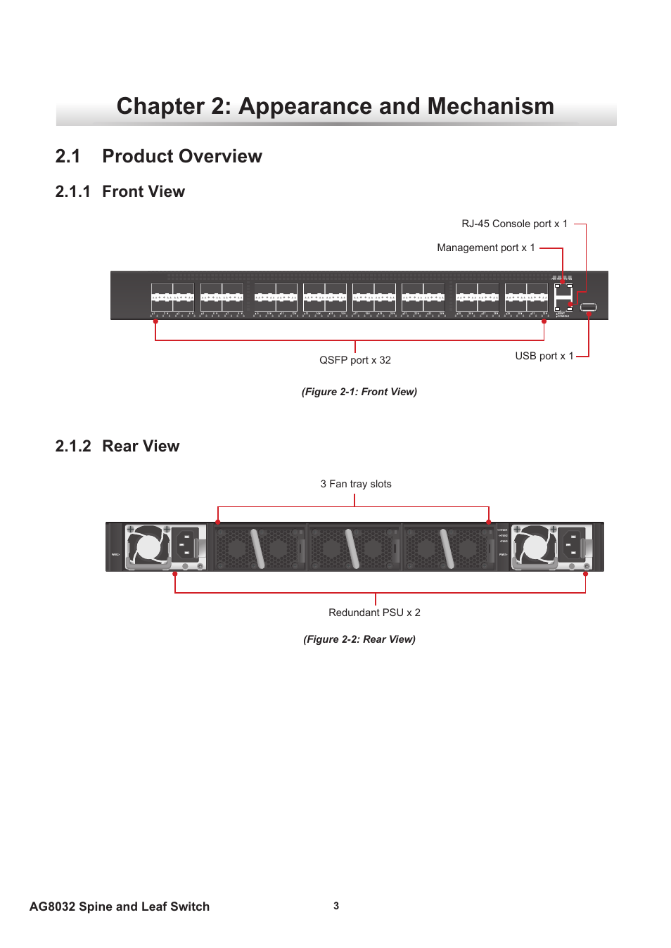 Chapter 2: appearance and mechanism, 1 product overview, 1 front view | 2 rear view, Ag8032 spine and leaf switch | Agema AG8032 User Manual | Page 6 / 20