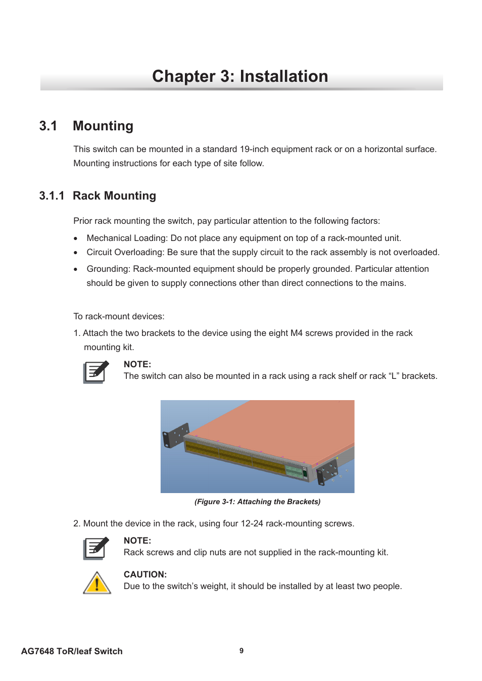 Chapter 3: installation, 1 mounting, 1 rack mounting | Agema AG7648 User Manual | Page 12 / 22
