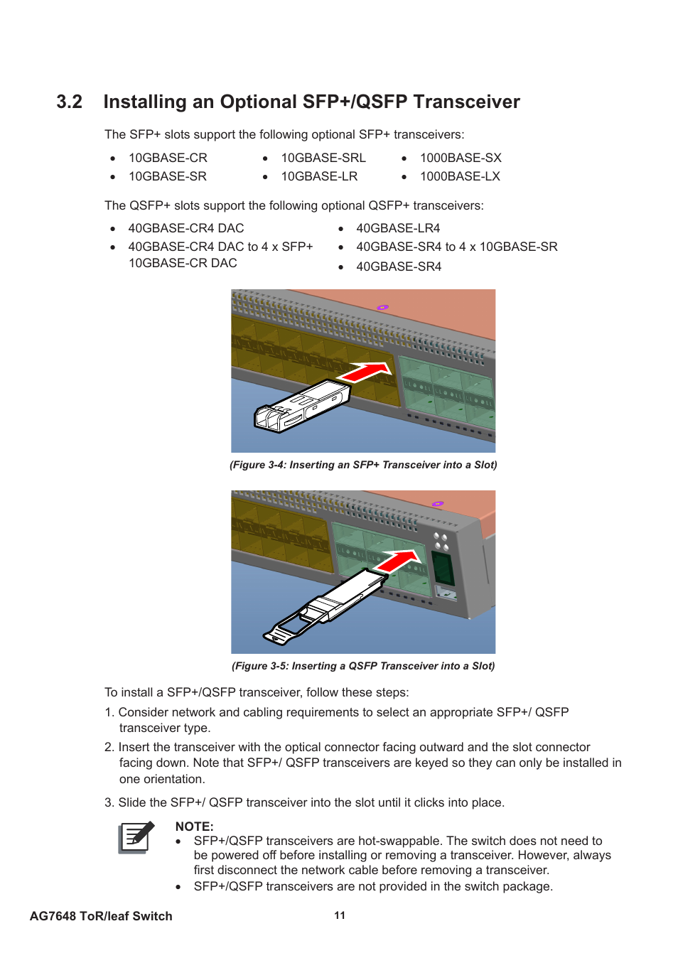 2 installing an optional sfp+/qsfp transceiver | Agema AG7648 User Manual | Page 14 / 22