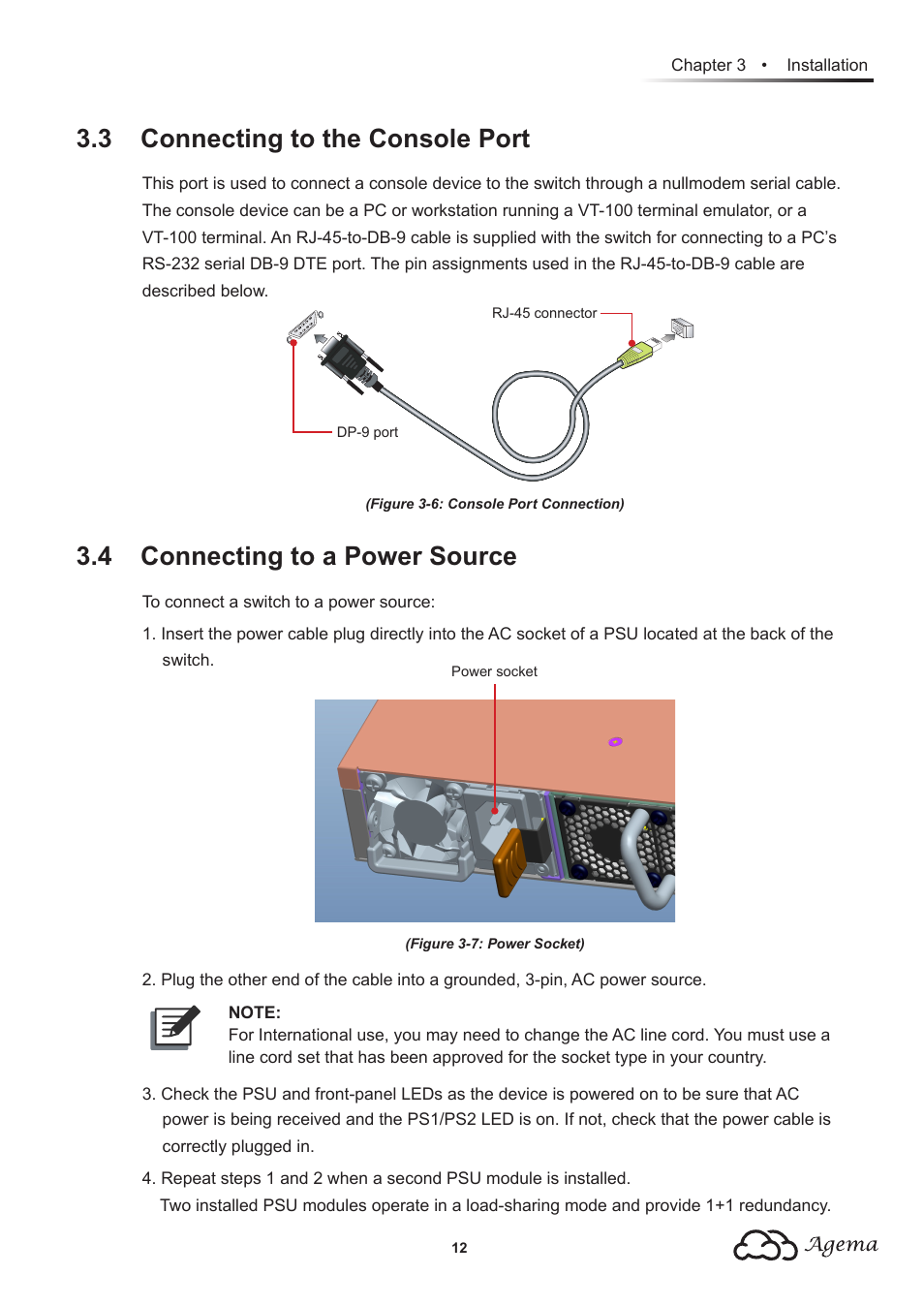 3 connecting to the console port, 4 connecting to a power source | Agema AG7648 User Manual | Page 15 / 22