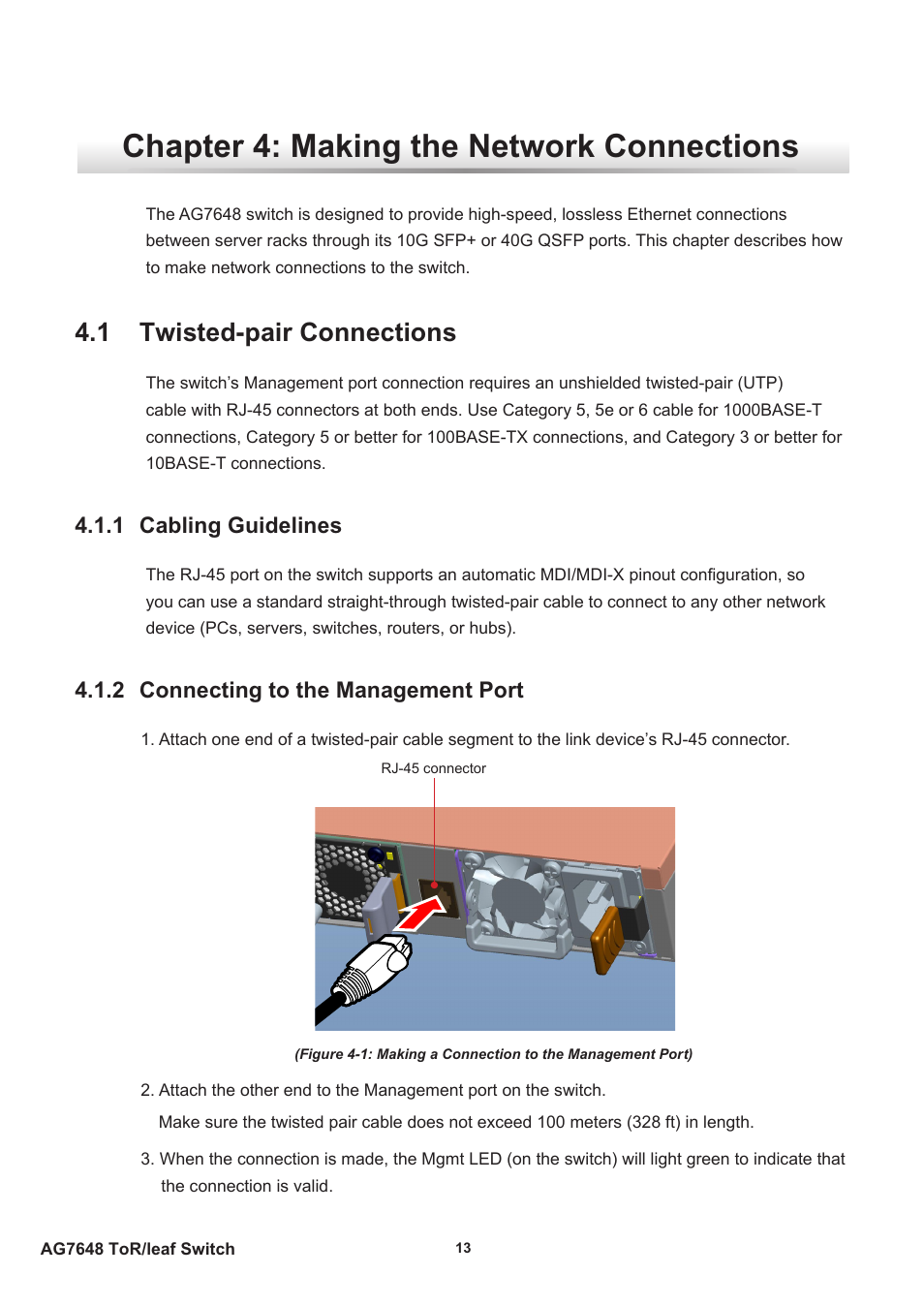 Chapter 4: making the network connections, 1 twisted-pair connections, 1 cabling guidelines | 2 connecting to the management port | Agema AG7648 User Manual | Page 16 / 22
