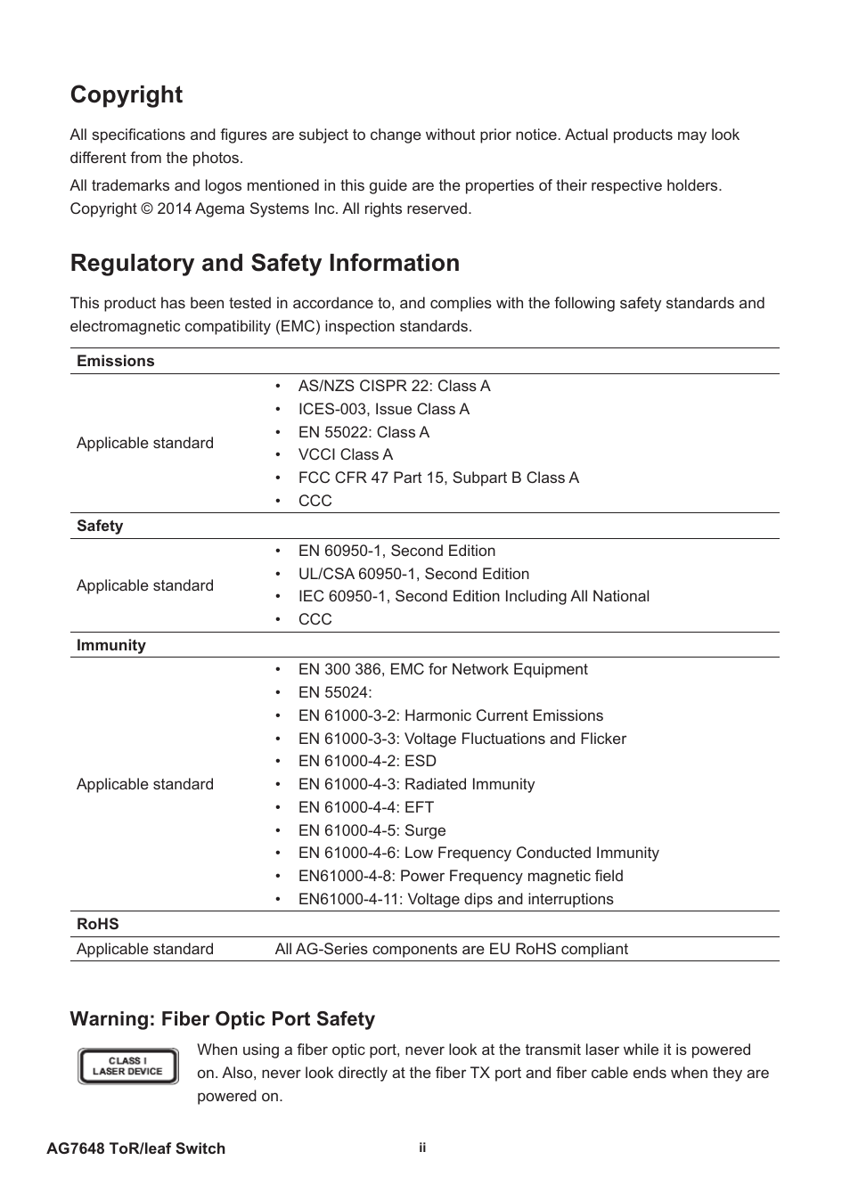 Copyright, Regulatory and safety information, Warning: fiber optic port safety | Agema AG7648 User Manual | Page 2 / 22