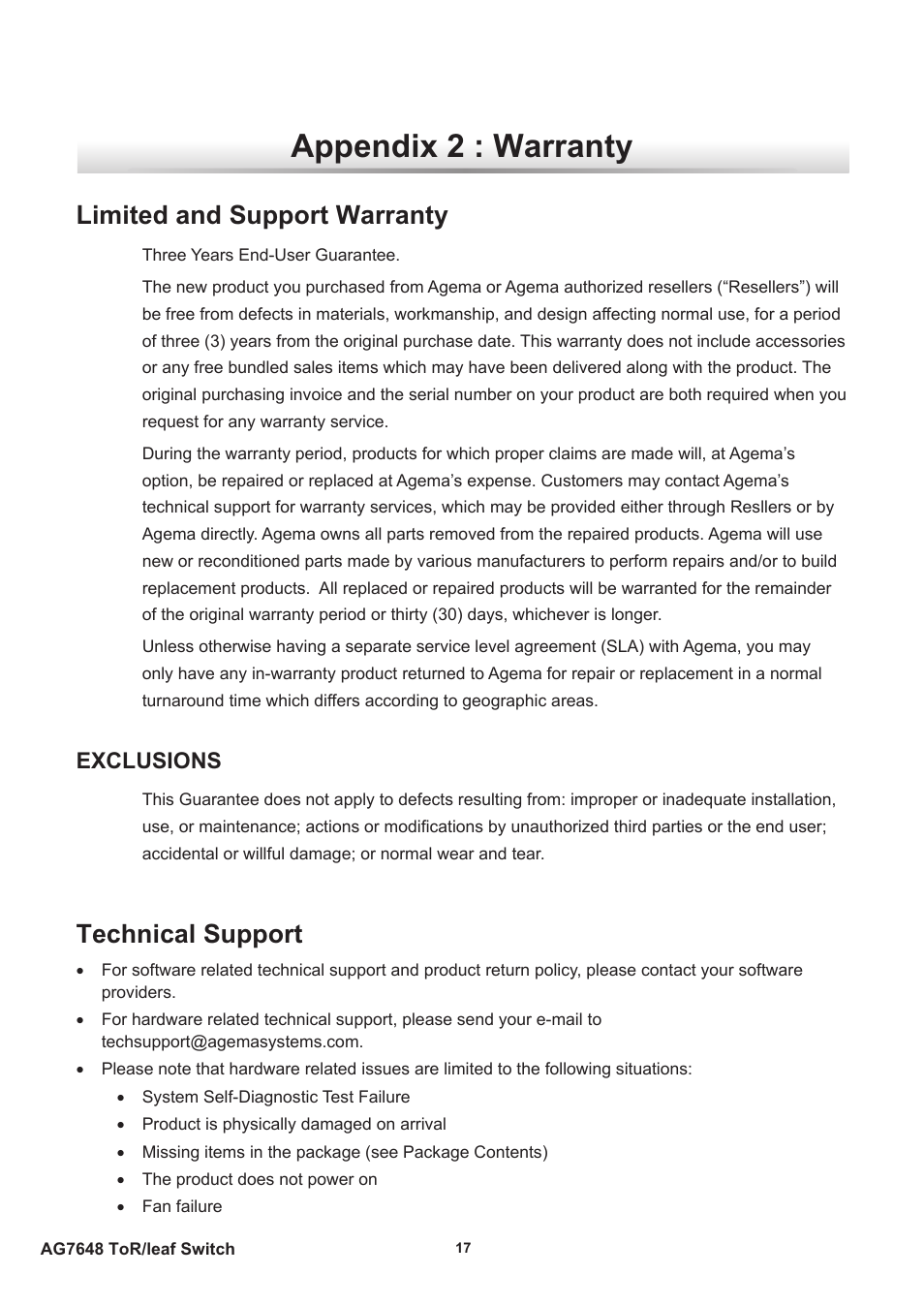 Appendix 2 : warranty, Limited and support warranty, Technical support | Limited and support warranty technical support, Exclusions | Agema AG7648 User Manual | Page 20 / 22