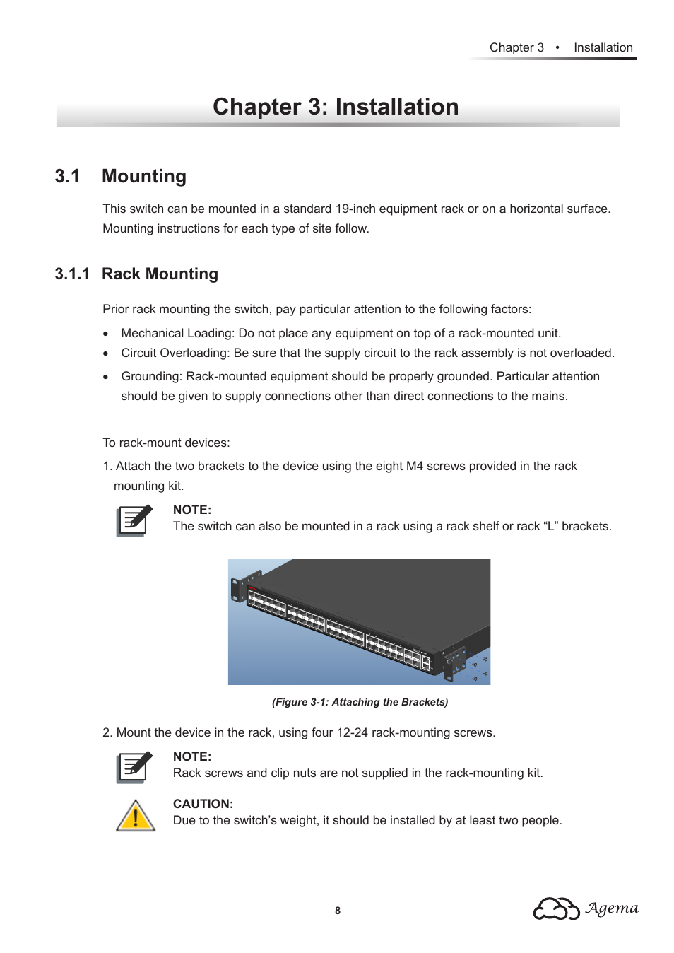 Chapter 3: installation, 1 mounting, 1 rack mounting | Agema AG7448 User Manual | Page 11 / 20