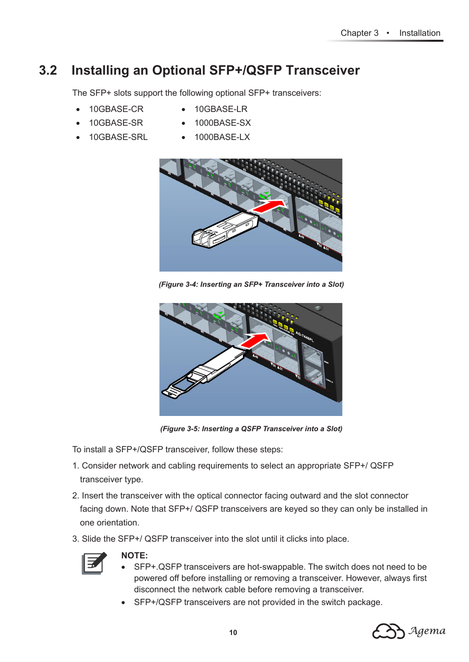 2 installing an optional sfp+/qsfp transceiver | Agema AG7448 User Manual | Page 13 / 20