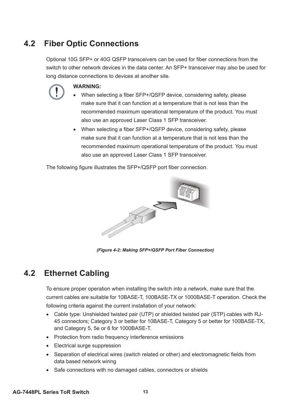 2 fiber optic connections, 2 ethernet cabling, 2 fiber optic connections 4.2 ethernet cabling | Agema AG7448 User Manual | Page 16 / 20