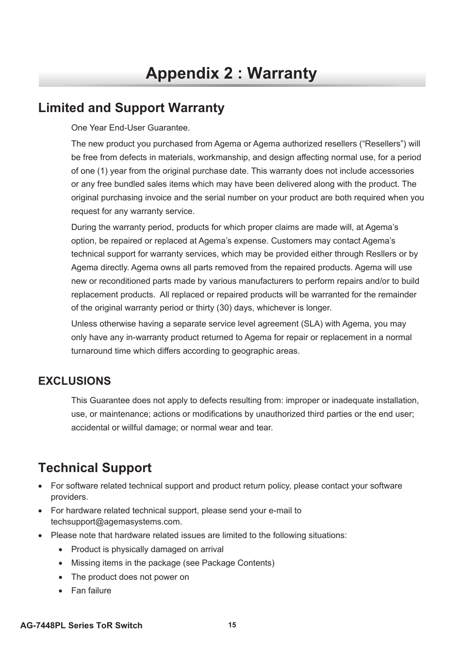 Appendix 2 : warranty, Limited and support warranty, Technical support | Limited and support warranty technical support, Exclusions | Agema AG7448 User Manual | Page 18 / 20