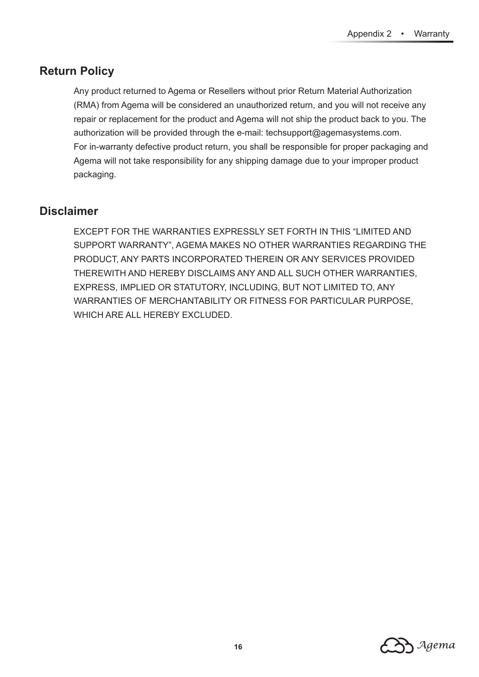 Return policy, Disclaimer | Agema AG7448 User Manual | Page 19 / 20