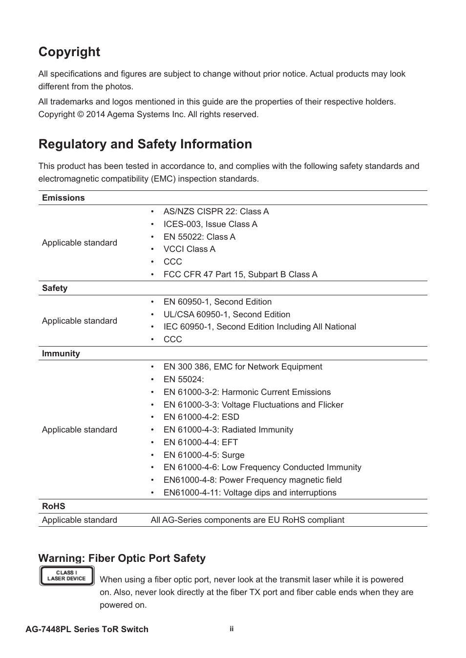 Copyright, Regulatory and safety information, Warning: fiber optic port safety | Agema AG7448 User Manual | Page 2 / 20
