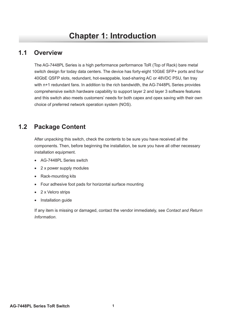 Chapter 1: introduction, 1 overview, 2 package content | 1 overview 1.2 package content | Agema AG7448 User Manual | Page 4 / 20