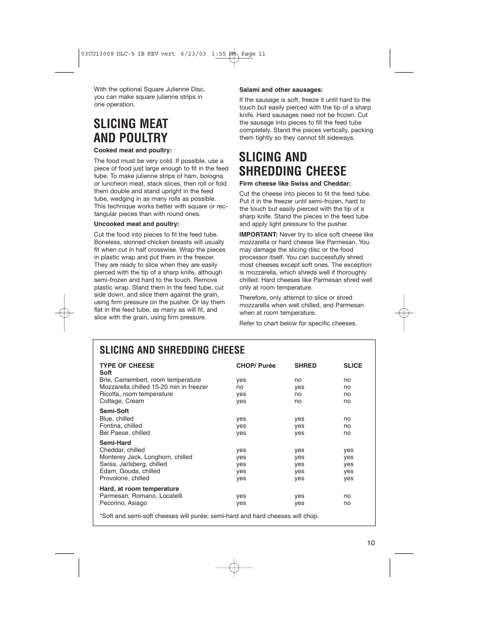 Slicing meat and poultry, Slicing and shredding cheese | Cuisinart DLC-5 User Manual | Page 11 / 28