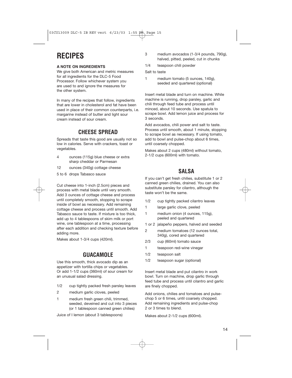 Recipes, Cheese spread, Guacamole | Salsa | Cuisinart DLC-5 User Manual | Page 15 / 28