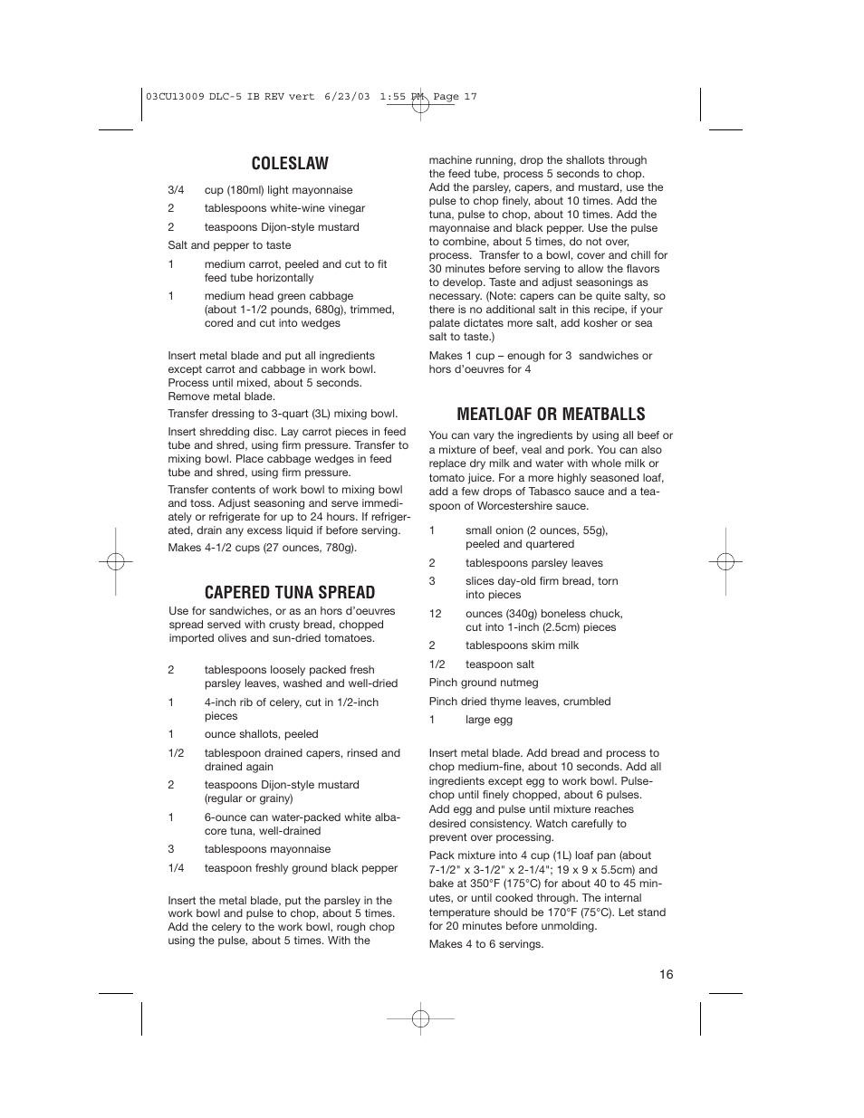 Coleslaw, Capered tuna spread, Meatloaf or meatballs | Cuisinart DLC-5 User Manual | Page 17 / 28