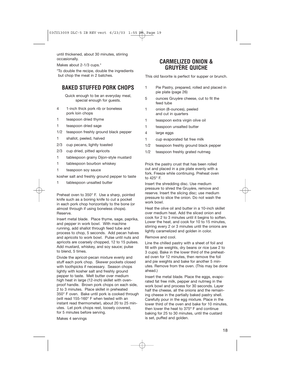 Baked stuffed pork chops, Carmelized onion & gruyère quiche | Cuisinart DLC-5 User Manual | Page 19 / 28