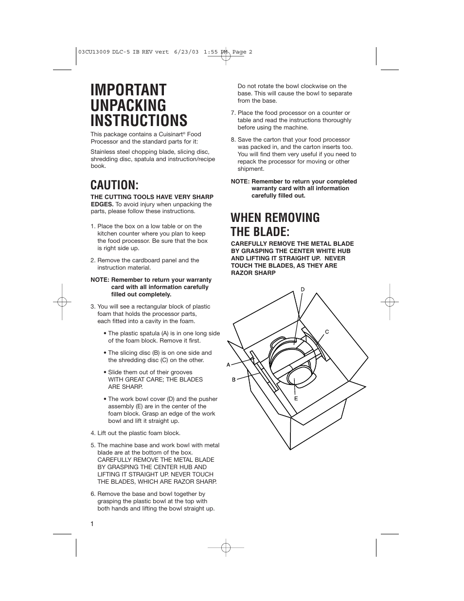 Important unpacking instructions, Caution, When removing the blade | Cuisinart DLC-5 User Manual | Page 2 / 28