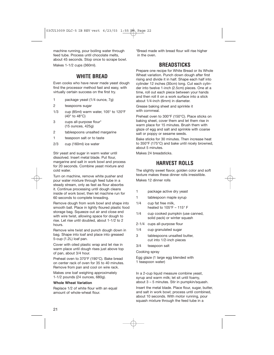 White bread, Breadsticks, Harvest rolls | Cuisinart DLC-5 User Manual | Page 22 / 28