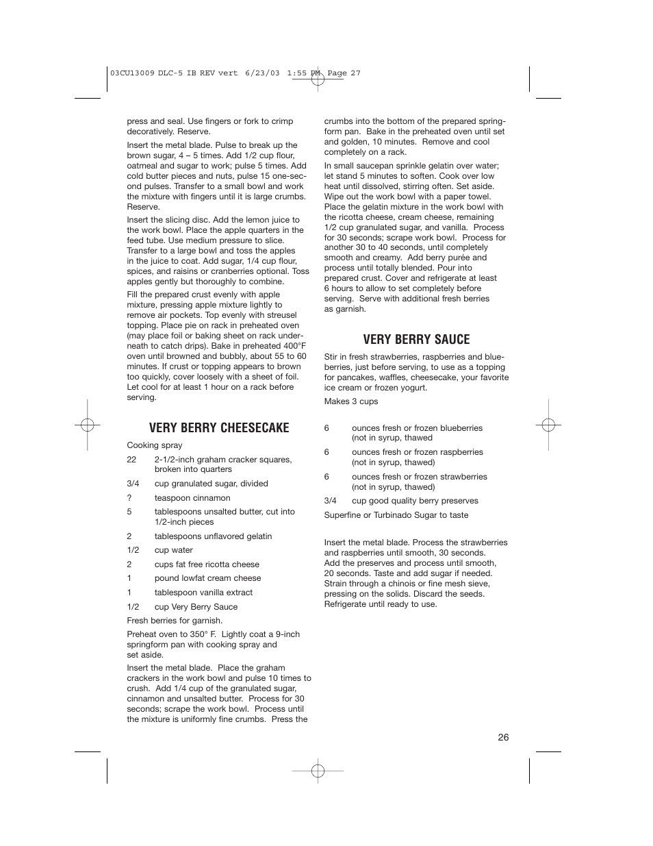 Very berry cheesecake, Very berry sauce | Cuisinart DLC-5 User Manual | Page 27 / 28
