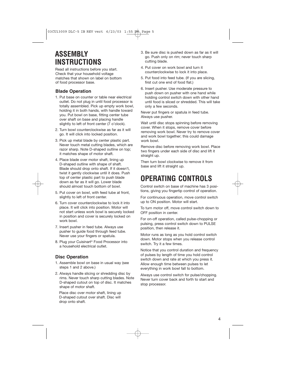 Assembly instructions, Operating controls | Cuisinart DLC-5 User Manual | Page 5 / 28