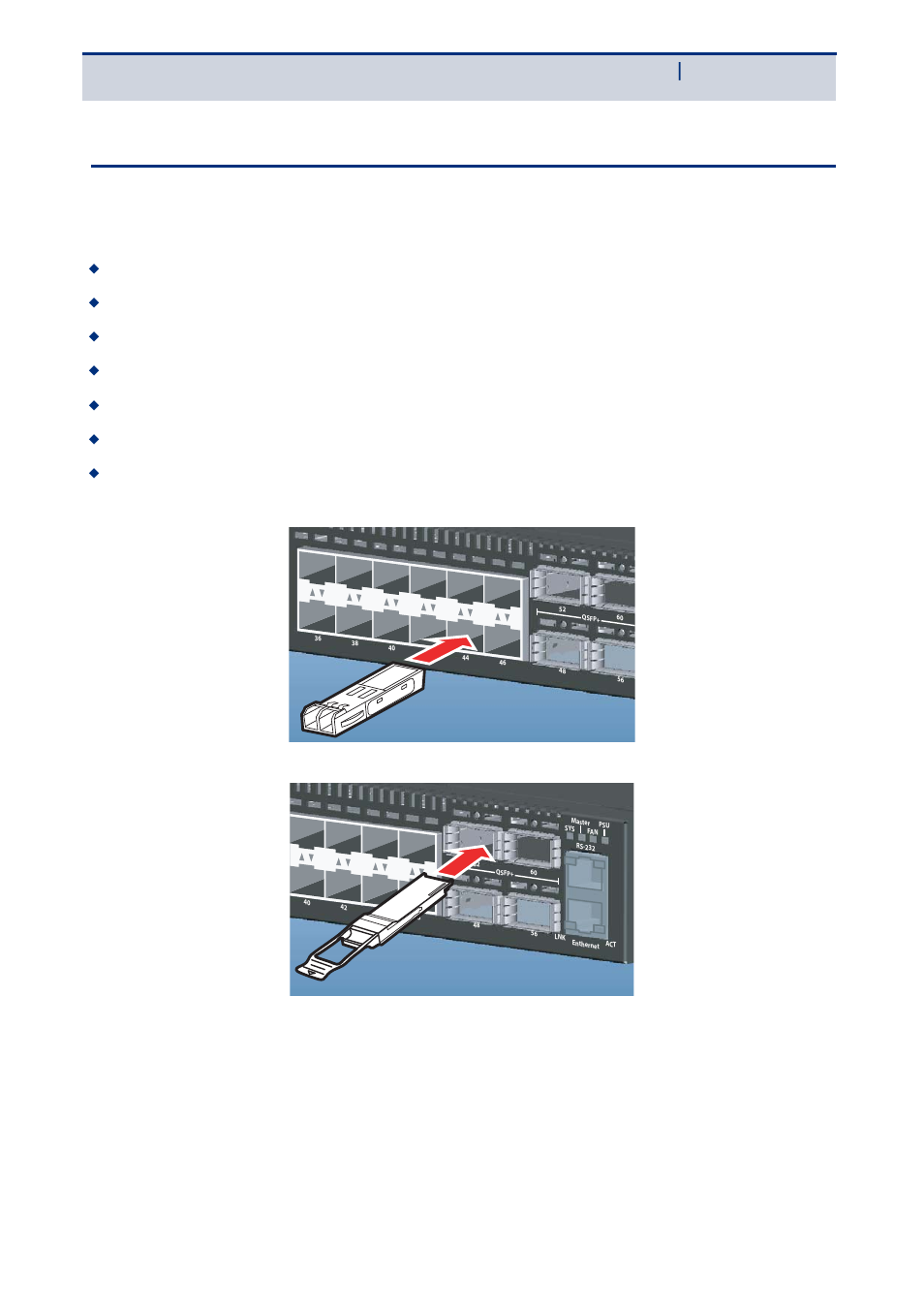 Installing an optional sfp+/qsfp transceiver, Sfp+/qsfp t, Nstalling | Ptional, Ransceiver, 10gbase-cr, 10gbase-sr, 10gbase-srl, 10gbase-lrm, 10gbase-lr | Agema AG7448CU-R User Manual | Page 15 / 20