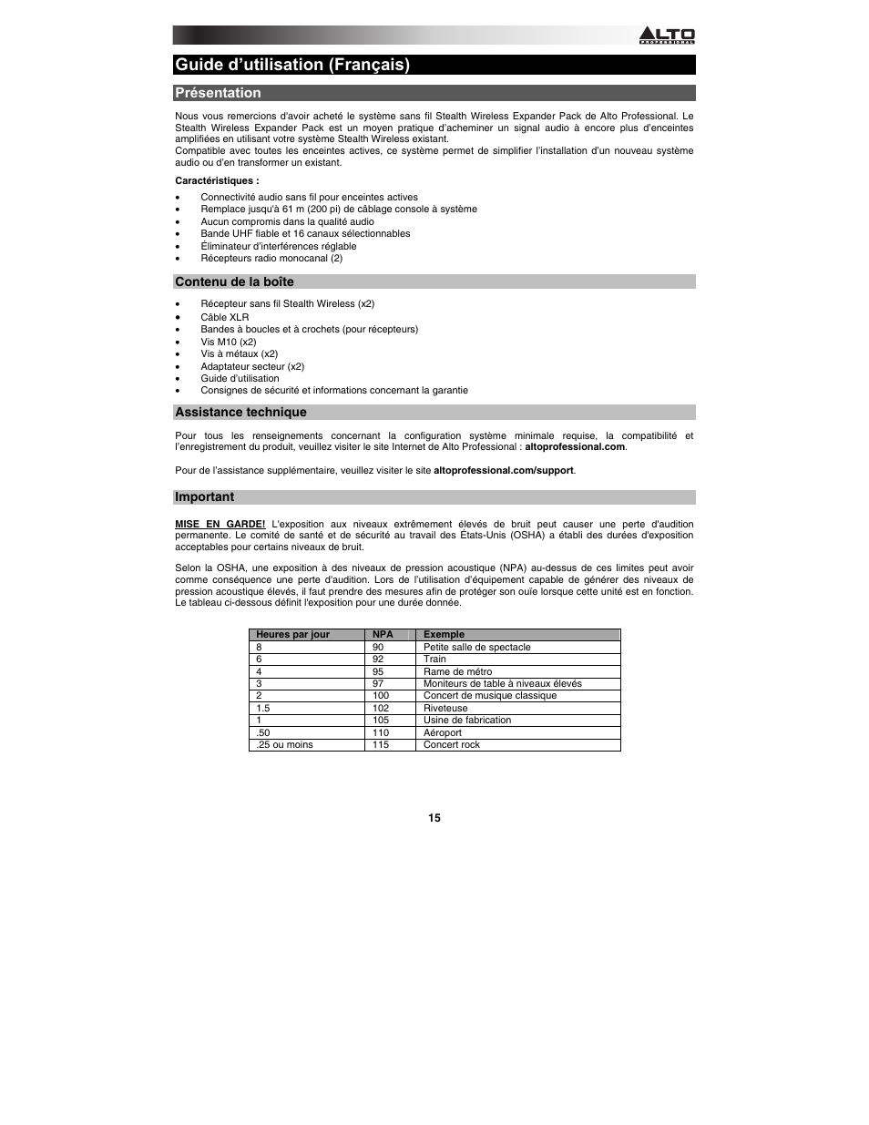 Guide d’utilisation (français), Présentation, Contenu de la boîte | Assistance technique, Important | Alto Professional Stealth Wireless Expander Pack User Manual | Page 15 / 40