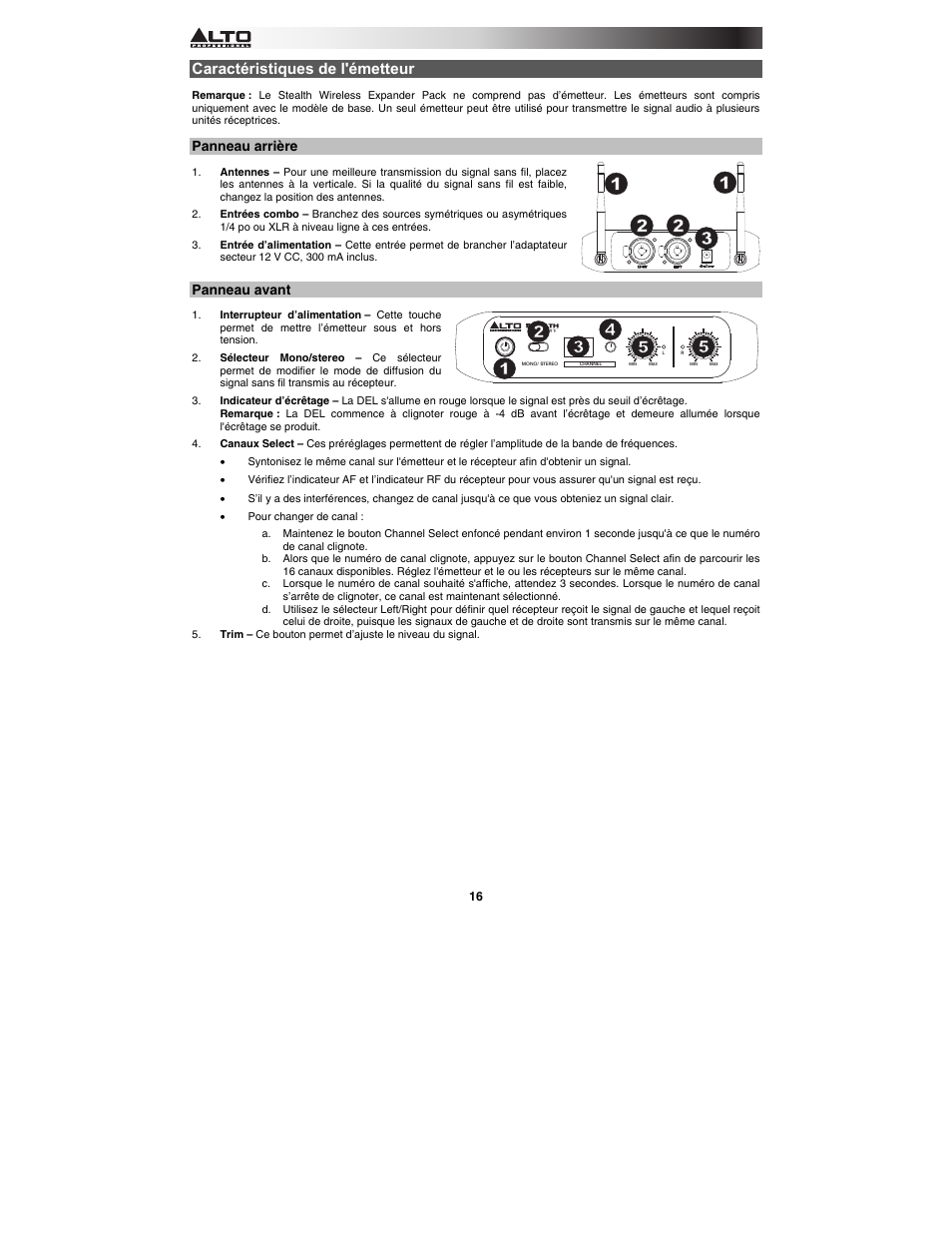 Caractéristiques de l'émetteur, Panneau arrière, Panneau avant | Alto Professional Stealth Wireless Expander Pack User Manual | Page 16 / 40