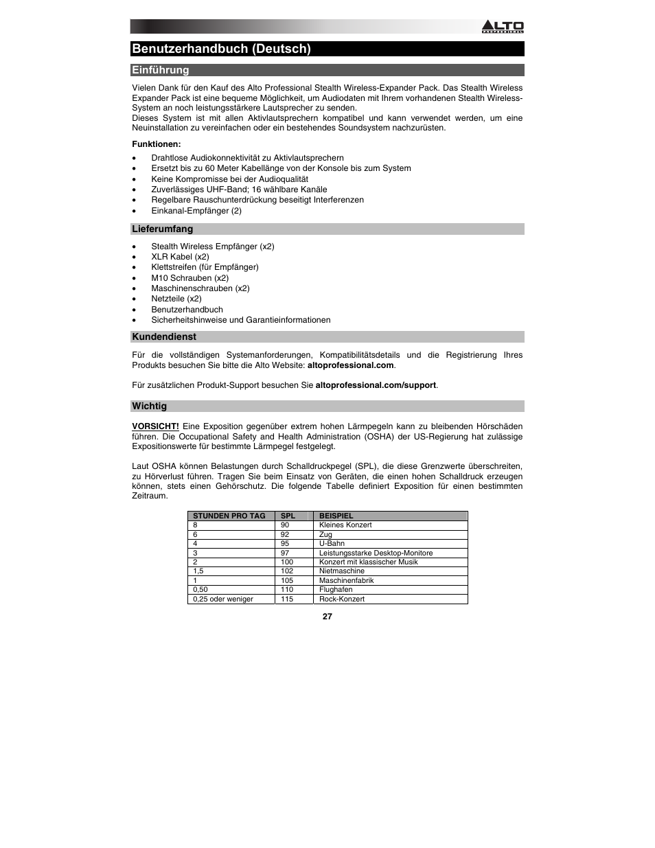 Benutzerhandbuch (deutsch), Einführung | Alto Professional Stealth Wireless Expander Pack User Manual | Page 27 / 40