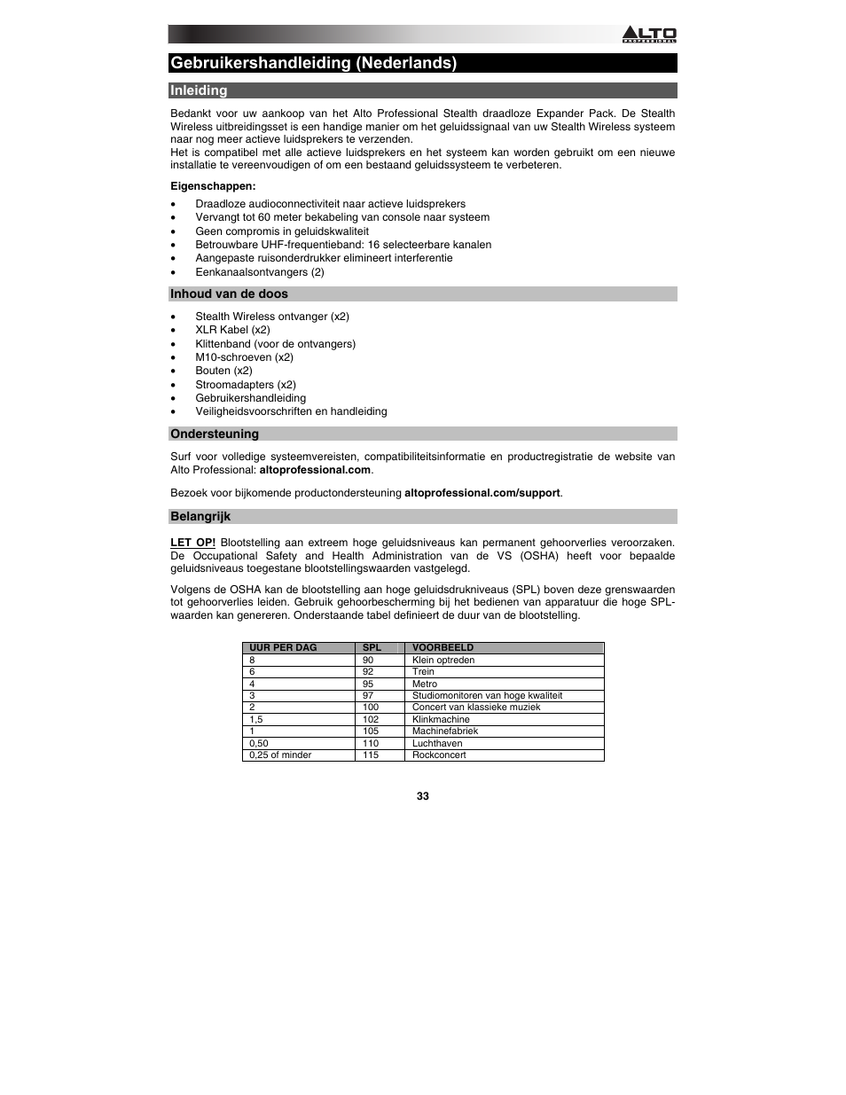 Gebruikershandleiding (nederlands), Inleiding | Alto Professional Stealth Wireless Expander Pack User Manual | Page 33 / 40