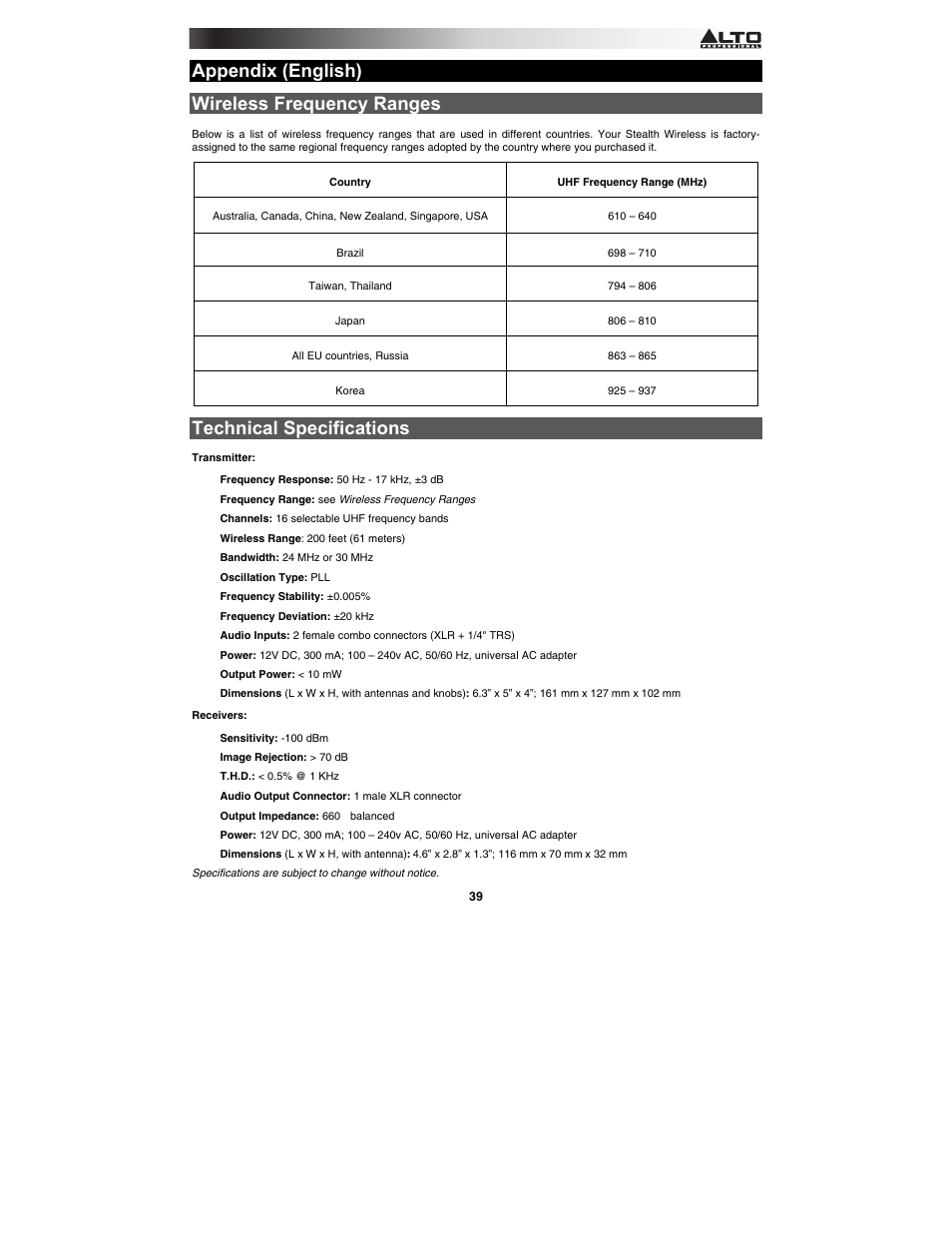 Appendix (english), Wireless frequency ranges, Technical specifications | Alto Professional Stealth Wireless Expander Pack User Manual | Page 39 / 40