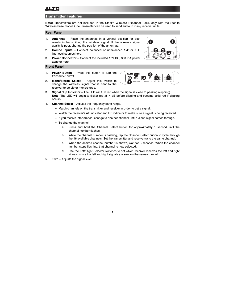 Transmitter features | Alto Professional Stealth Wireless Expander Pack User Manual | Page 4 / 40