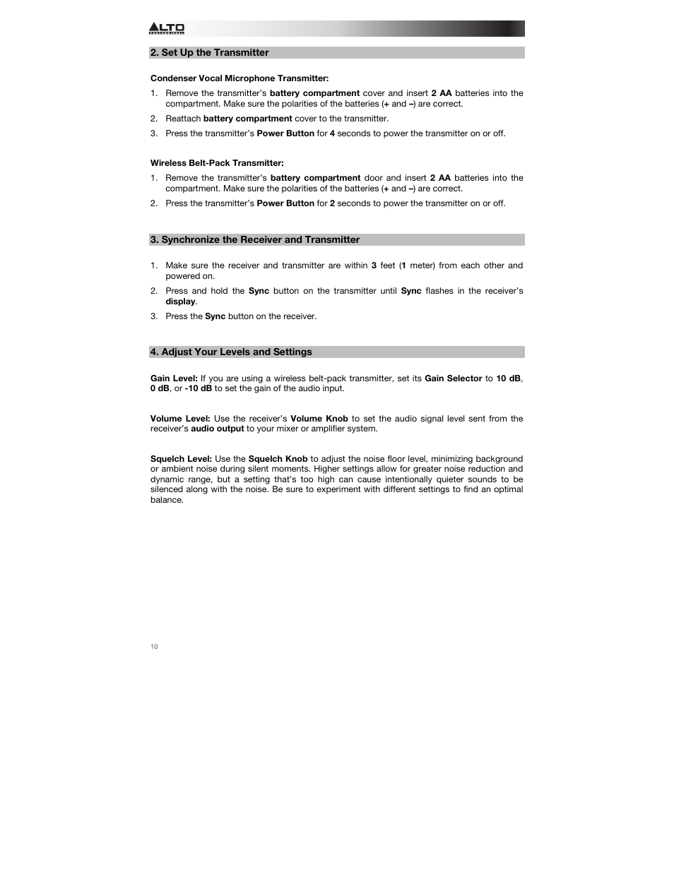 Set up the transmitter, Synchronize the receiver and transmitter, Adjust your levels and settings | Alto Professional Radius 200 User Manual | Page 10 / 60