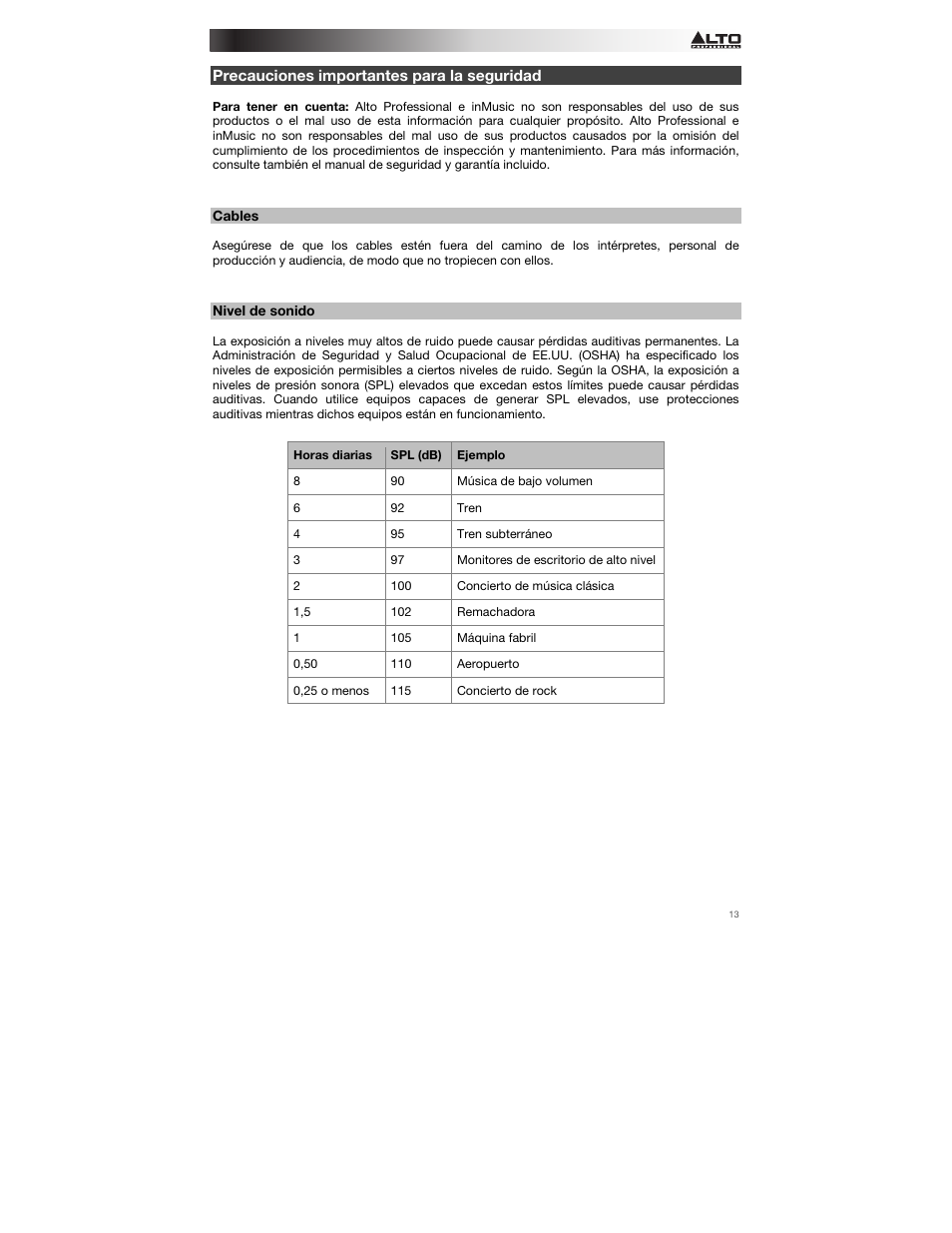 Precauciones importantes para la seguridad, Cables, Nivel de sonido | Alto Professional Radius 200 User Manual | Page 13 / 60