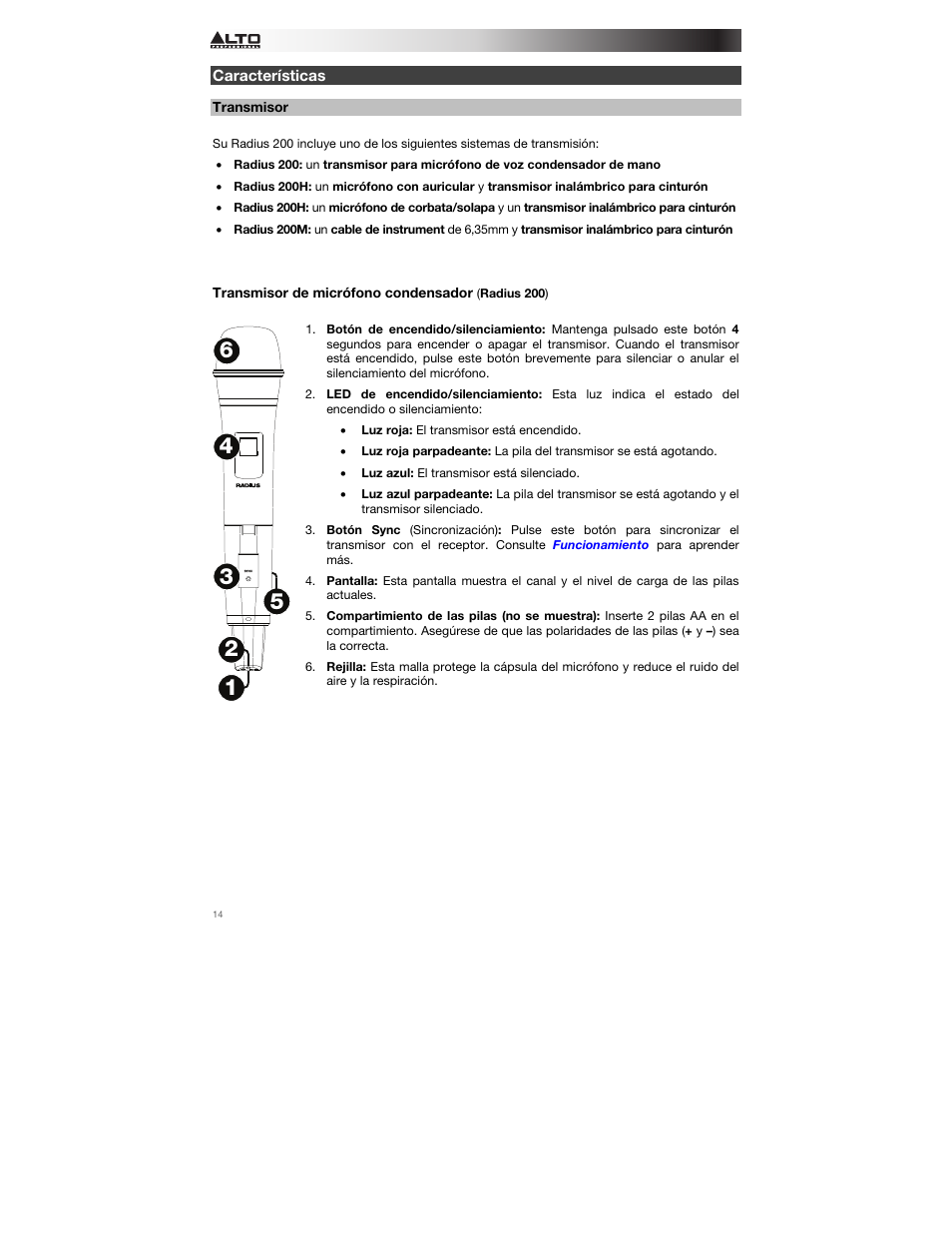 Características, Transmisor, Transmisor de micrófono condensador | Alto Professional Radius 200 User Manual | Page 14 / 60