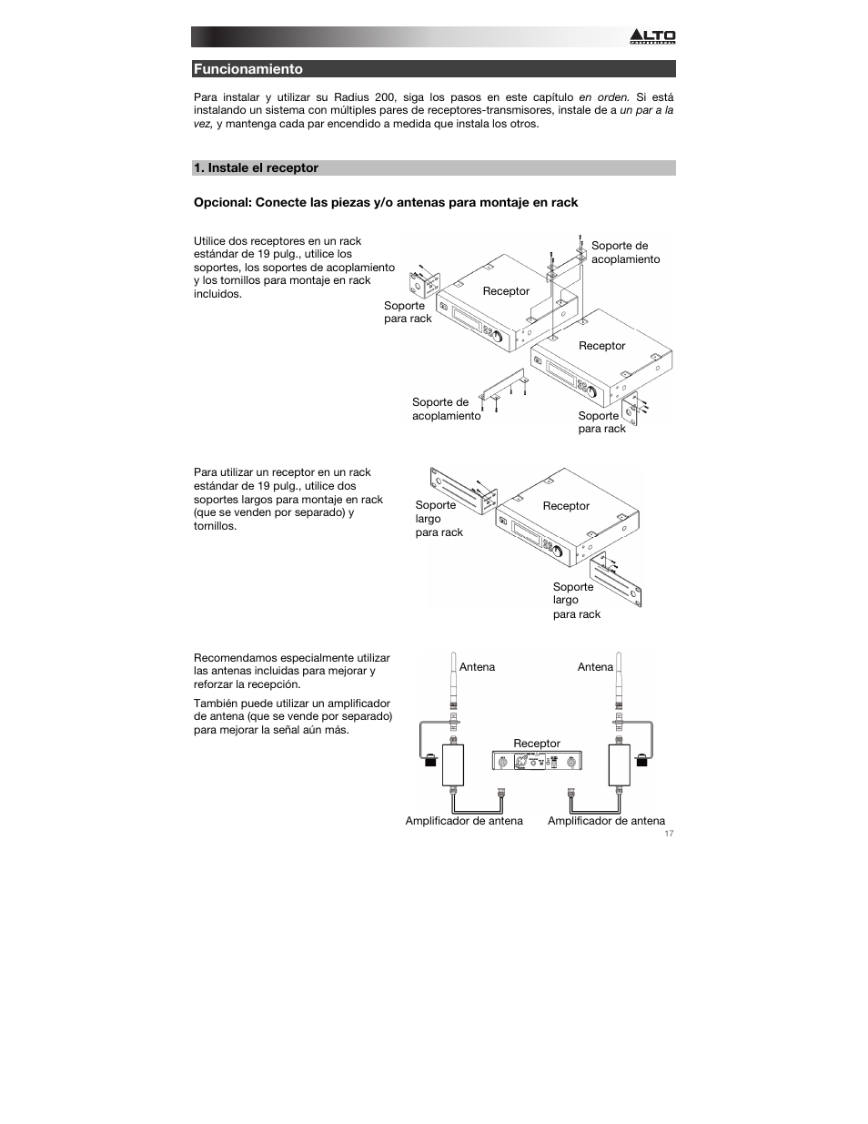Funcionamiento, Instale el receptor, Para | Alto Professional Radius 200 User Manual | Page 17 / 60