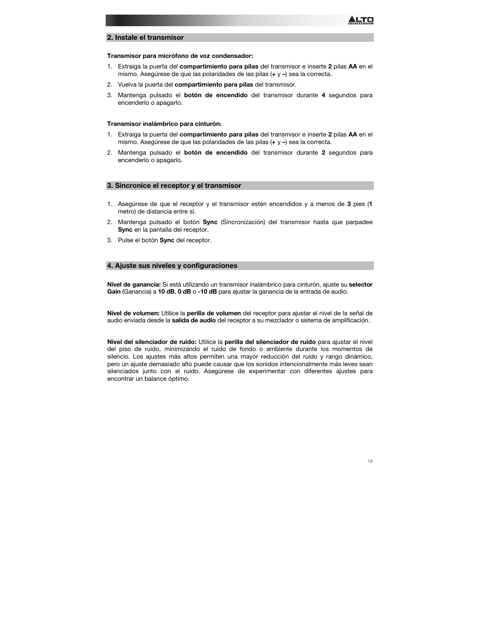 Instale el transmisor, Sincronice el receptor y el transmisor, Ajuste sus niveles y configuraciones | Alto Professional Radius 200 User Manual | Page 19 / 60
