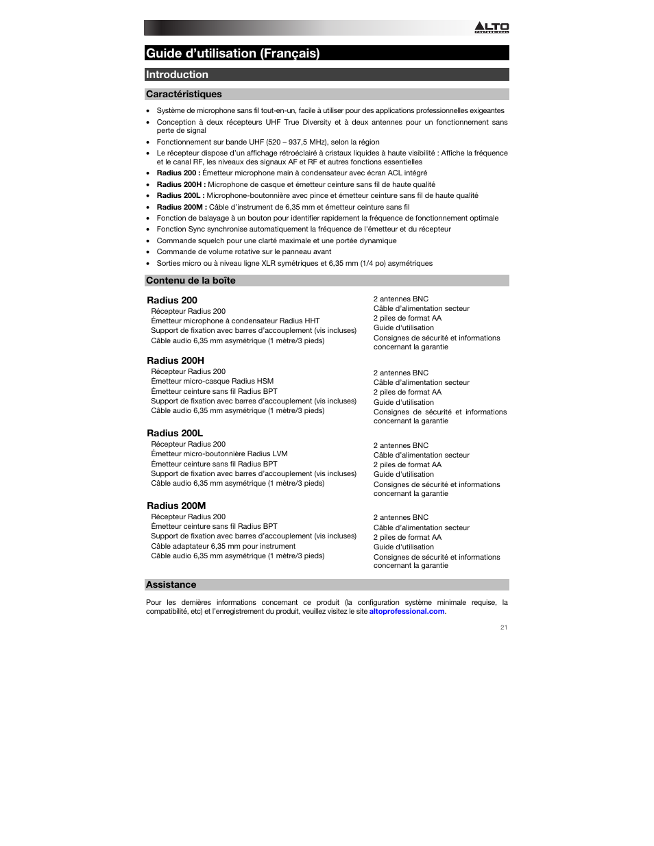 Guide d’utilisation (français), Introduction, Caractéristiques | Contenu de la boîte, Assistance, Guide d’utilisation, Français ( 21 – 29 ) | Alto Professional Radius 200 User Manual | Page 21 / 60