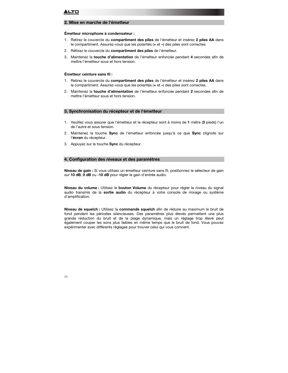 Mise en marche de l’émetteur, Synchronisation du récepteur et de l'émetteur, Configuration des niveaux et des paramètres | Alto Professional Radius 200 User Manual | Page 28 / 60