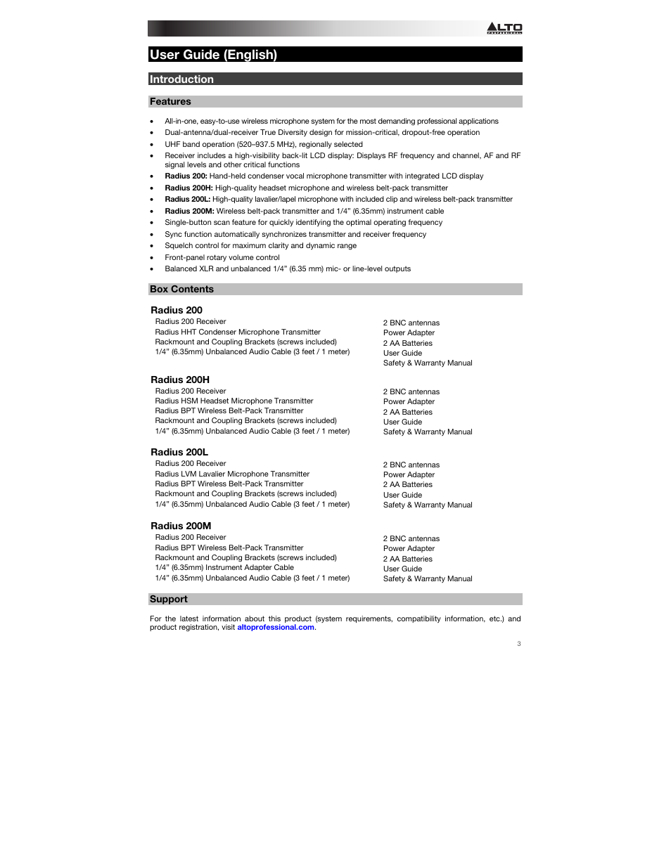 User guide (english), Introduction, Features | Box contents, Support, User guide, English ( 3 – 11 ) | Alto Professional Radius 200 User Manual | Page 3 / 60