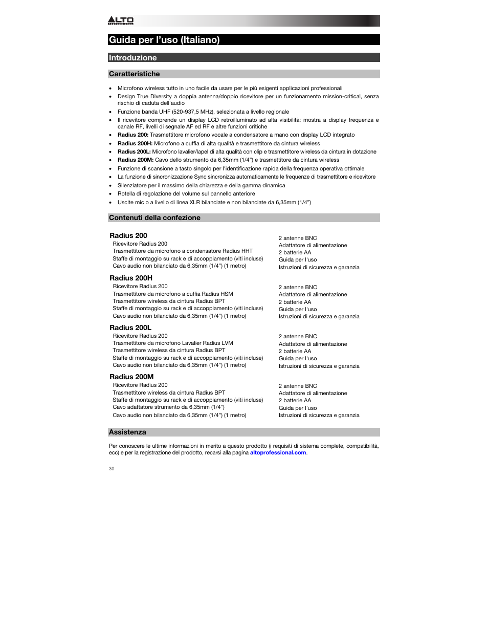 Guida per l’uso (italiano), Introduzione, Caratteristiche | Contenuti della confezione, Assistenza, Guida per l’uso, Italiano ( 30 – 38 ) | Alto Professional Radius 200 User Manual | Page 30 / 60