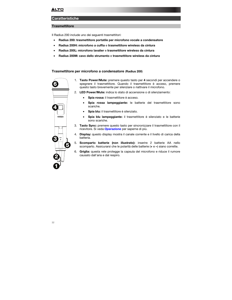 Caratteristiche, Trasmettitore, Trasmettitore per microfono a condensatore | Alto Professional Radius 200 User Manual | Page 32 / 60
