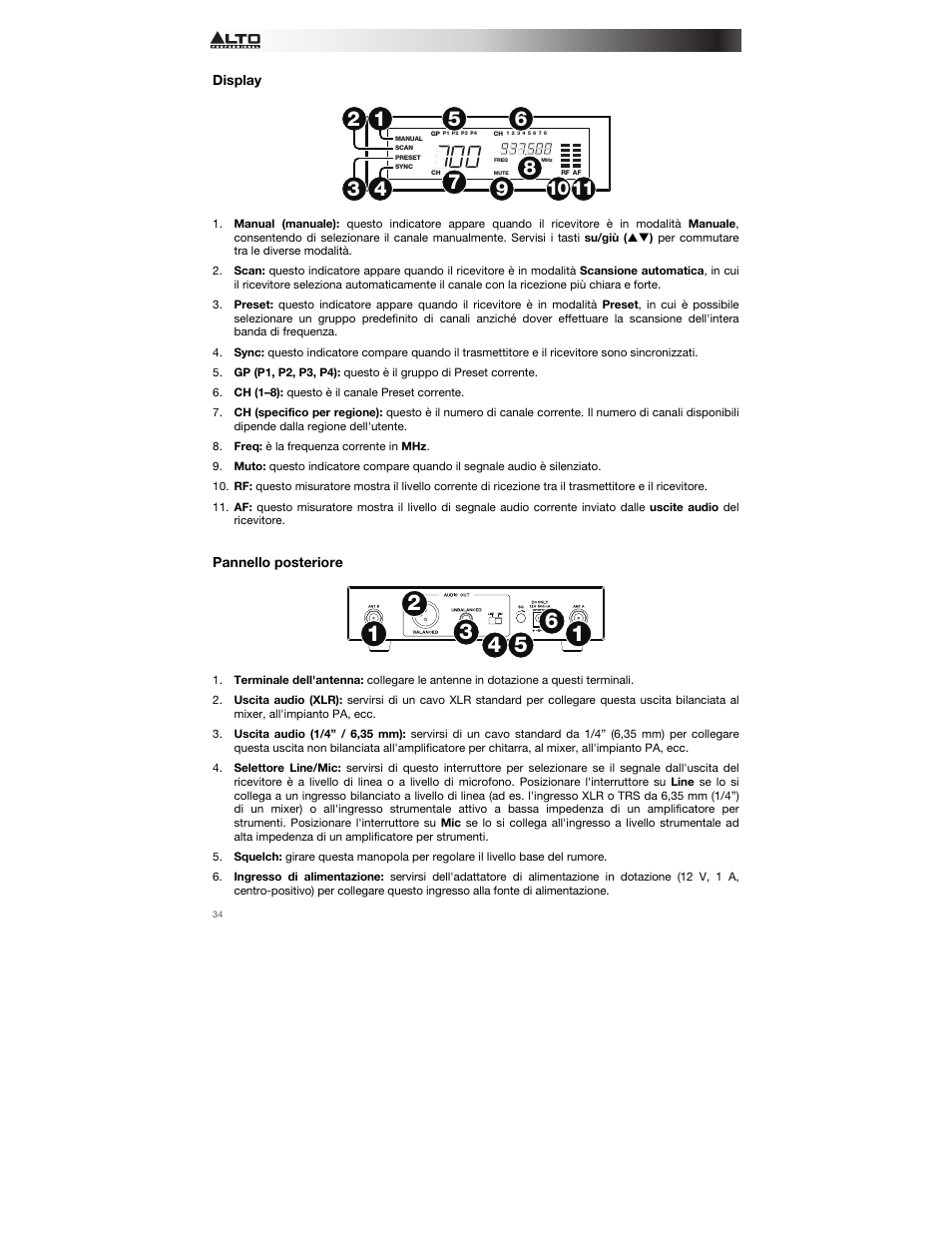 Display, Pannello posteriore, Si veda | Alto Professional Radius 200 User Manual | Page 34 / 60