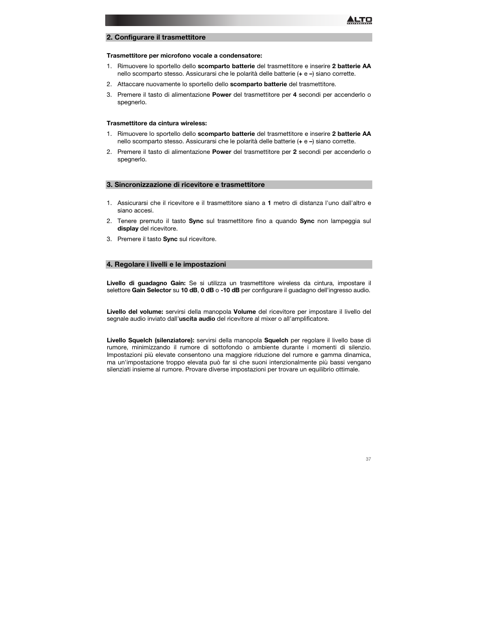 Configurare il trasmettitore, Sincronizzazione di ricevitore e trasmettitore, Regolare i livelli e le impostazioni | Alto Professional Radius 200 User Manual | Page 37 / 60
