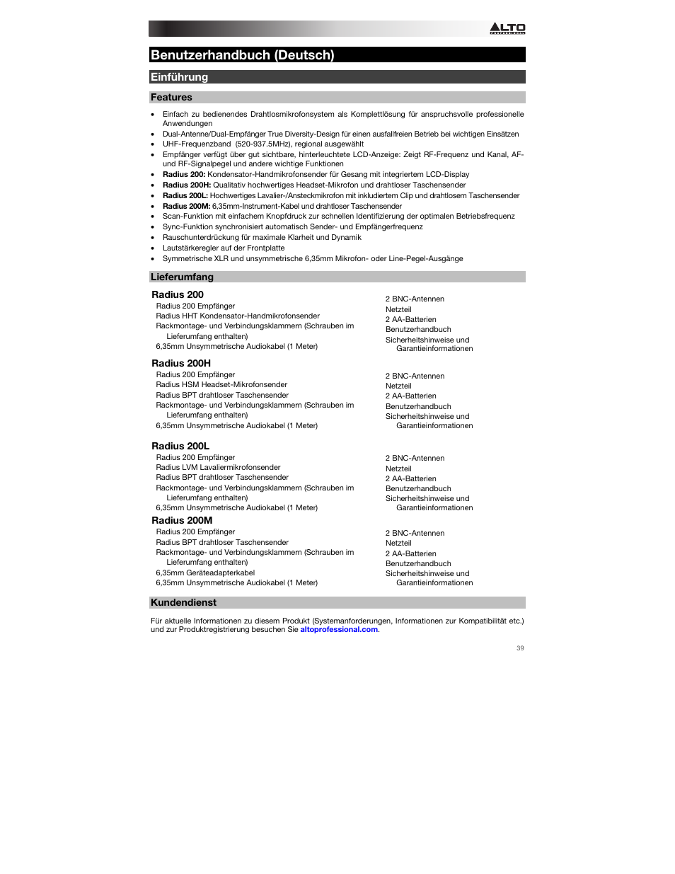 Benutzerhandbuch (deutsch), Einführung, Features | Lieferumfang, Kundendienst, Benutzerhandbuch, Deutsch ( 39 – 47 ) | Alto Professional Radius 200 User Manual | Page 39 / 60