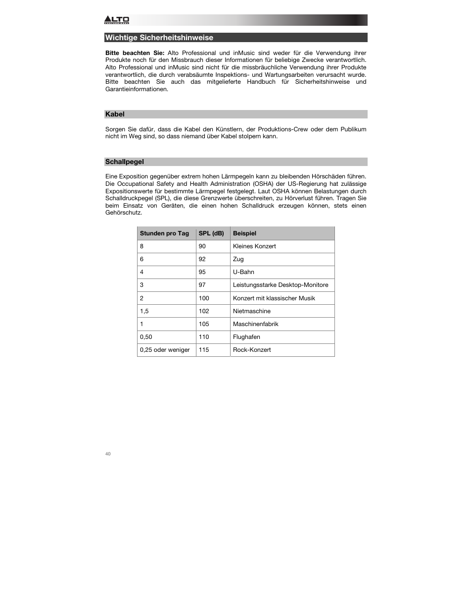 Wichtige sicherheitshinweise, Kabel, Schallpegel | Alto Professional Radius 200 User Manual | Page 40 / 60