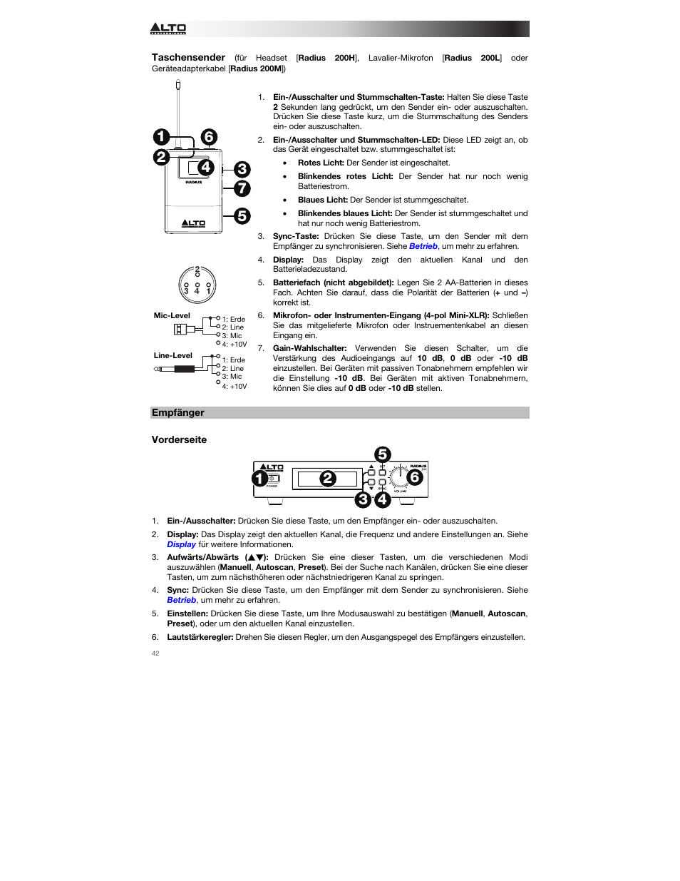 Taschensender, Empfänger, Vorderseite | Alto Professional Radius 200 User Manual | Page 42 / 60