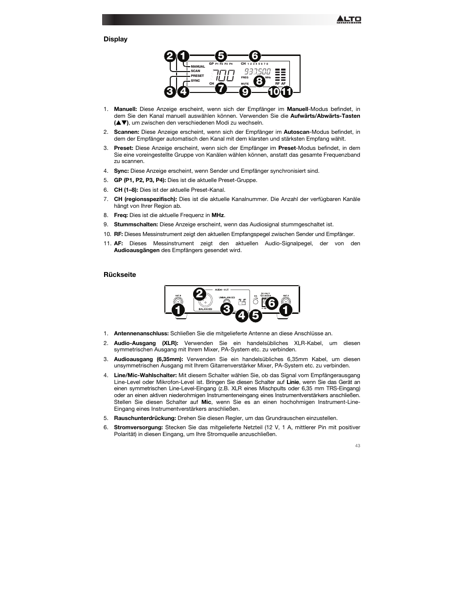 Display, Rückseite | Alto Professional Radius 200 User Manual | Page 43 / 60